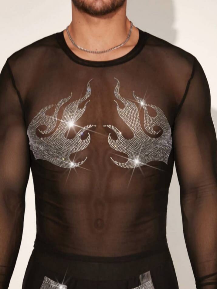 Men's Rhinestone See-Through Mesh Long Sleeve Tight-Fitting Sleepwear
